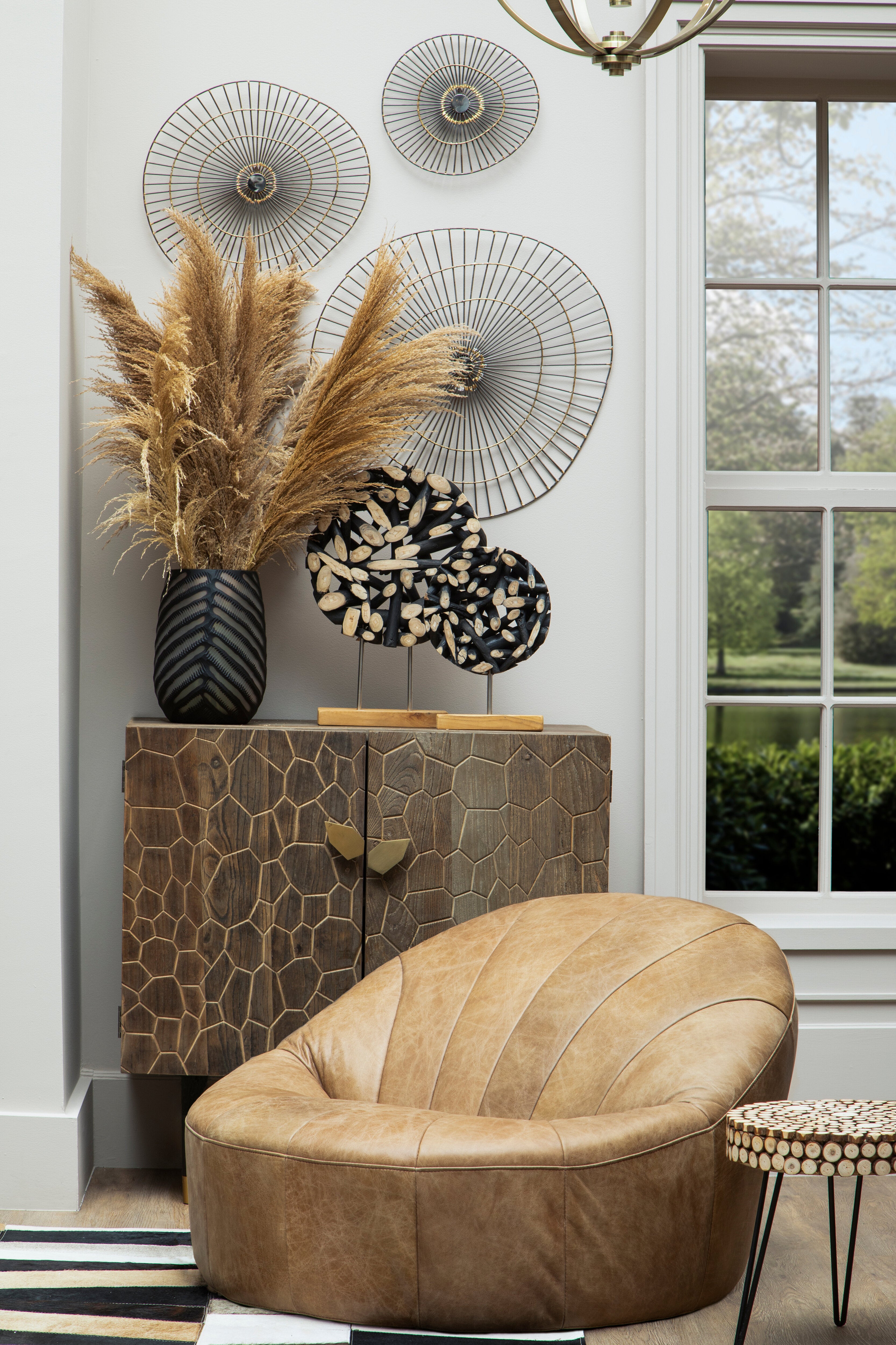 Cobre Natural Elm Wood Geometric Sideboard